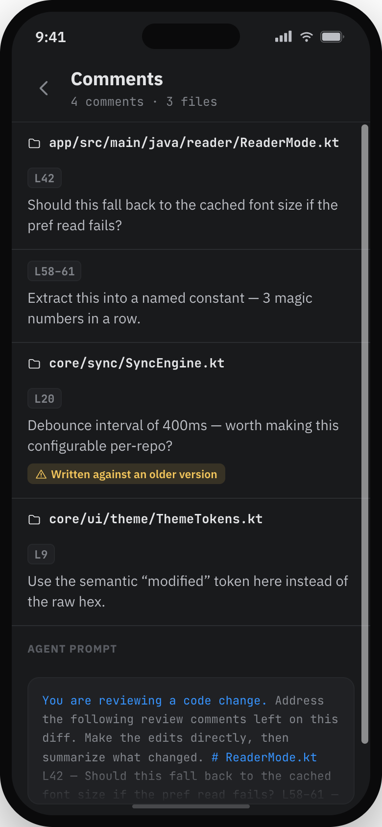 Companion comments and generated-prompt screen