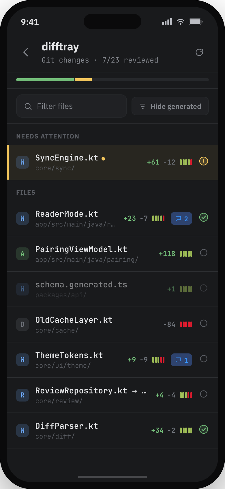 Companion workspace: changed files with review state and drift flags
