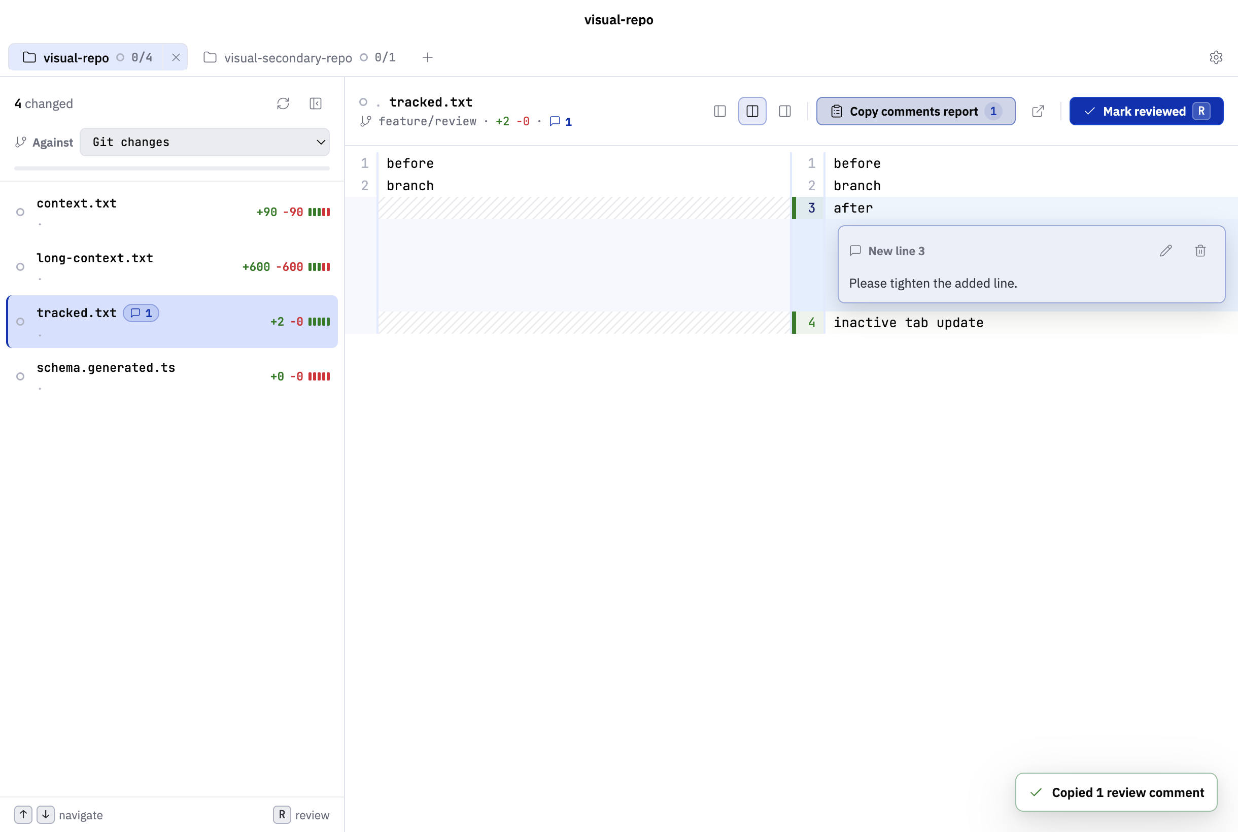 Difftray review workflow with inline comments and a copy-to-clipboard prompt